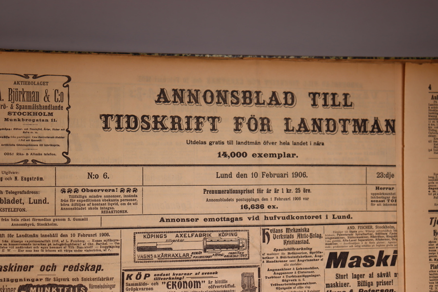 Annonsblad till tidskrift för landtmän, inbunden samling 1906