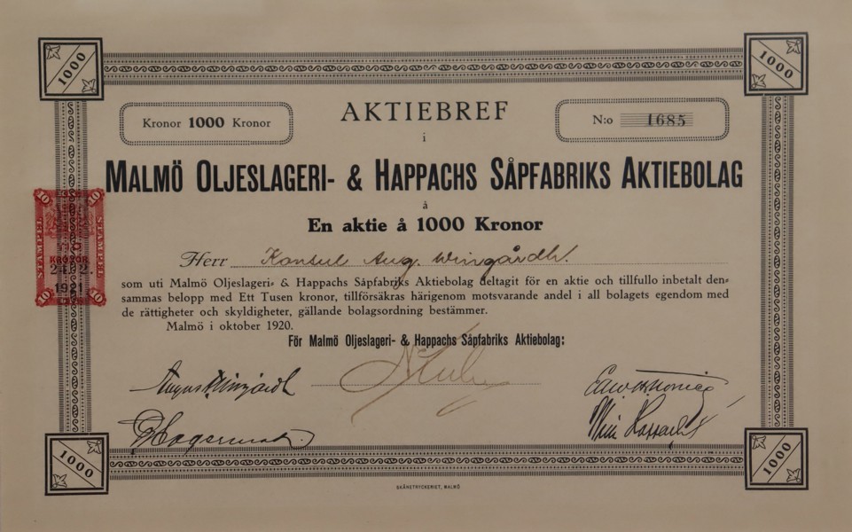 Aktiebrev, inramat, 1000kr, Malmö Oljeslageri- & Happachs Såpfabriks Aktiebolag, 1921