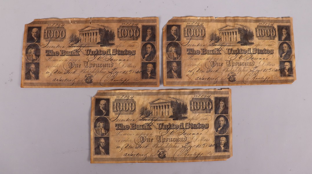 $1000 Dollar, 1840, Bank of United States sedel, Nr: 8894, Philadelphia utgåva, reproduktion, 3st