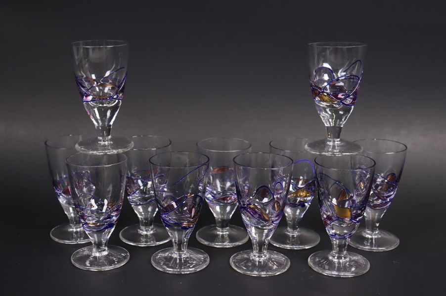 Lucka Glass, snapsglas med olikfärgad överfångsdekor, Tiffany-stil, 9st