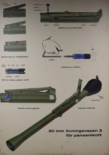 Militär skolplansch, "30 mm övningsvapen 2 för pansarskott", Kungliga Armétygförvaltningen 1960