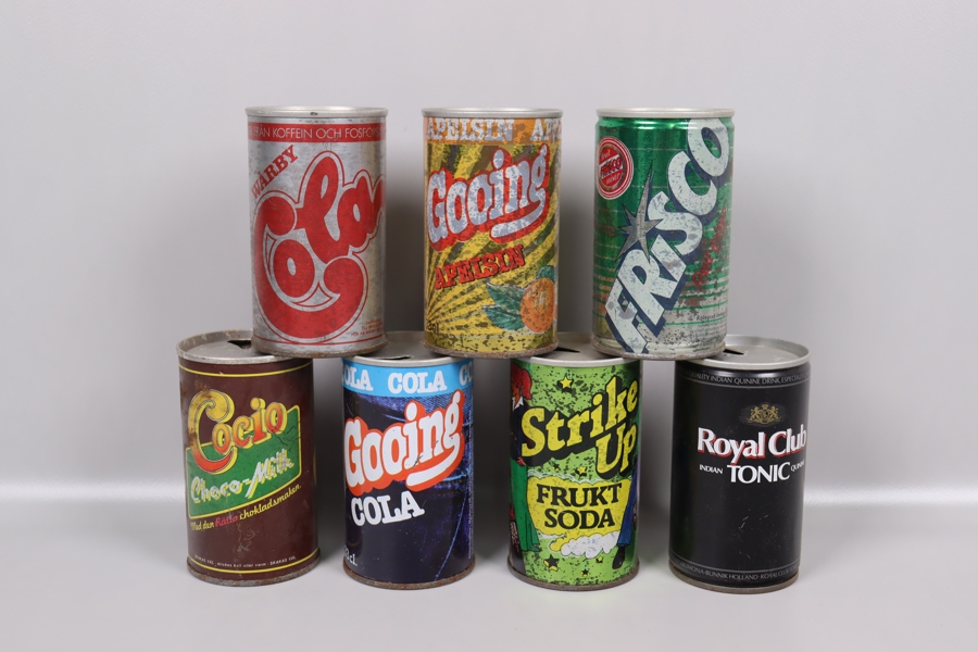 Äldre läskburkar, Wårby Cola, Gooding Cola, Strike Up Frukt Soda, Cocio, Frisco mm, 7st