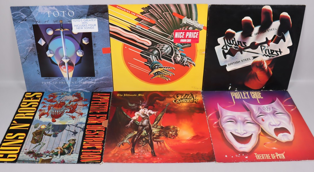 LP-Skivor, 60st, Hård-Rock, Heavy Metal, Guns Roses, Whitesnake, Saxon, Judas Priest, Ozzy, Mötley Crue, Kiss, Kingpin, INXS, Motörhead, Accept mm