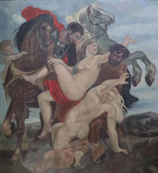 Peter Paul Rubens / Jan Wildens, efter, olja på pannå, "The rape of the daughters of Leucippus"