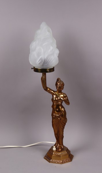 Bordslampa, Jugend, mässing/brons med fackelglas, 1920-tal