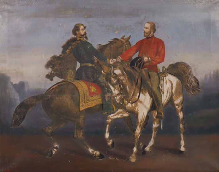 C.H.B, olja på duk, "Victor Emanuels och Giuseppe Garibaldi möte den 16 October 1860 nära Teano"