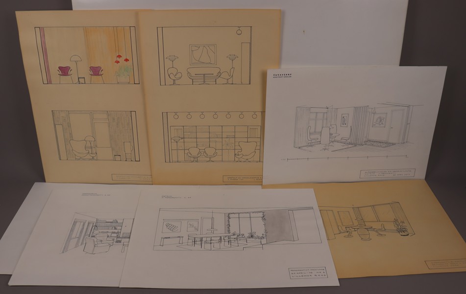Lillemor Roos, inredningsarkitektritningar. 1970-tal