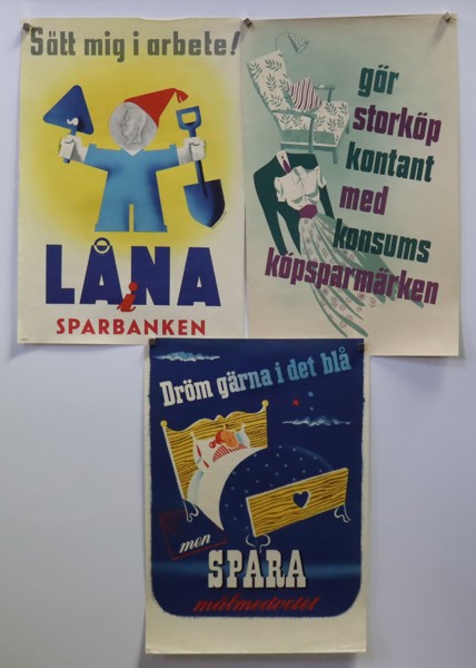 Sparbanken, Konsum, reklamaffischer, 1940/50-tal, 3st