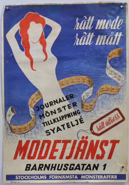 Modetjänst, Stockholm, reklamplansch, 1945