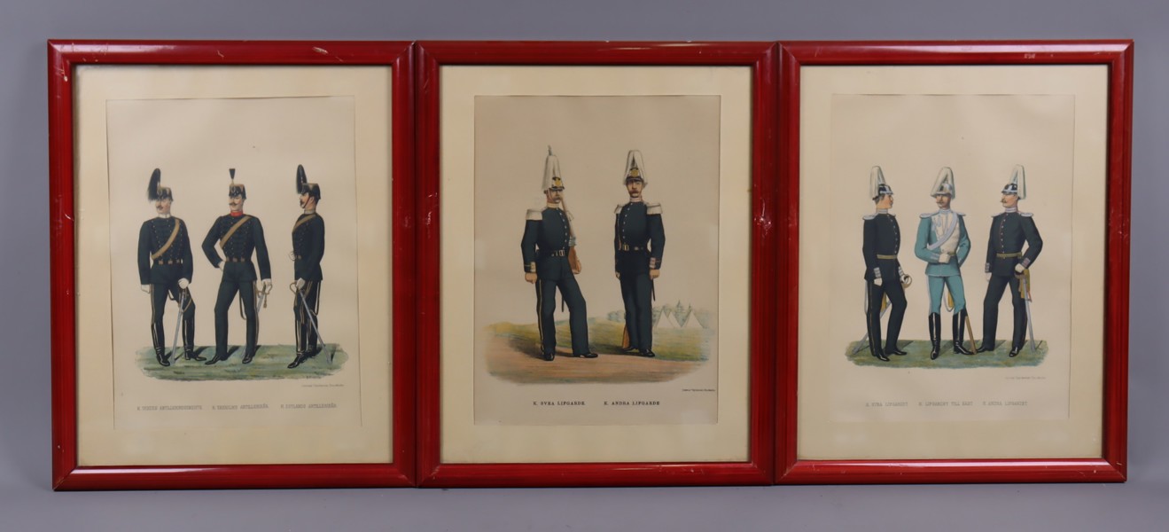 Tavlor, litografier, svenska uniforms modeller, 1800-tal, 3st