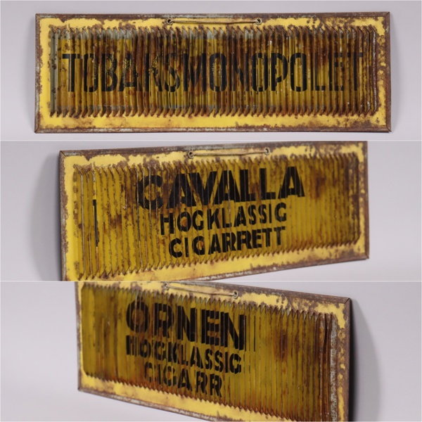 Tobaksmonopolet, reklamskylt i plåt för Cavalla cigaretter och Örnen cigarrer, 1930-tal