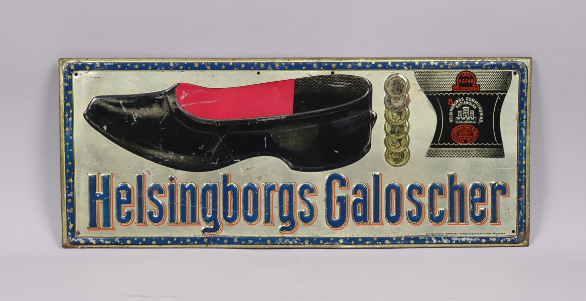 Helsingborgs Galoscher, reklam plåtskylt, enkelsidig, ca 1900-1910