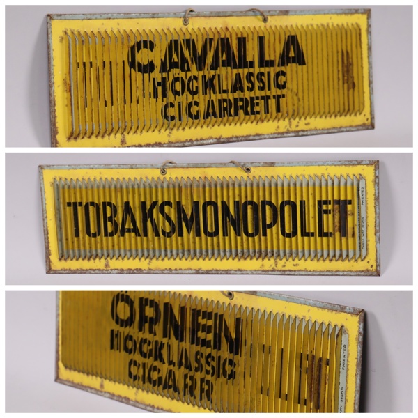 Tobaksmonopolet, reklamskylt i plåt för Cavalla cigaretter och Örnen cigarrer, 1930-tal