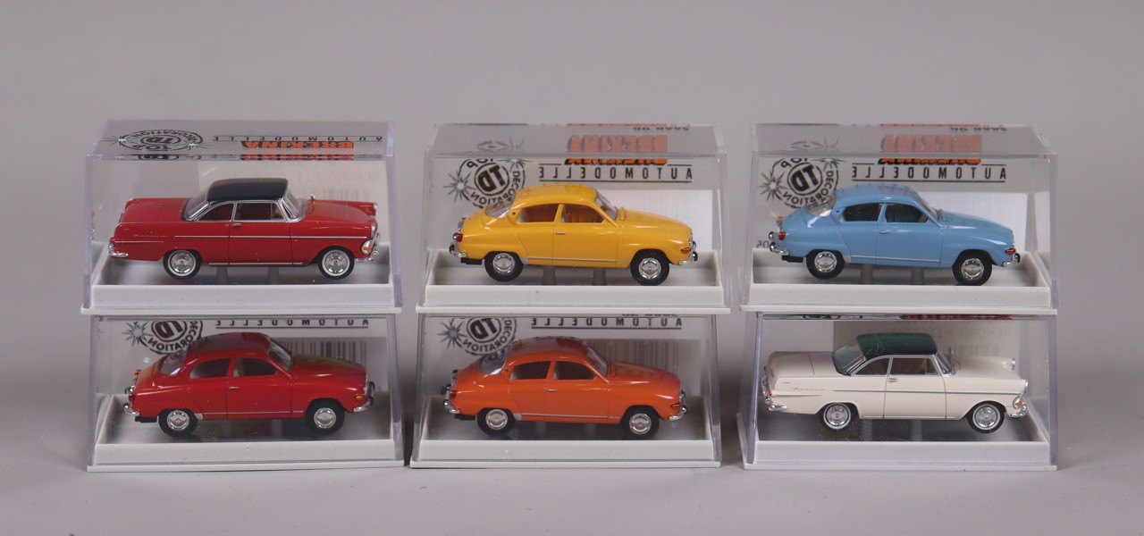 Brekina, modellbilar, Saab 96 och Opel Rekord PII Coupe, 1:87, 6st