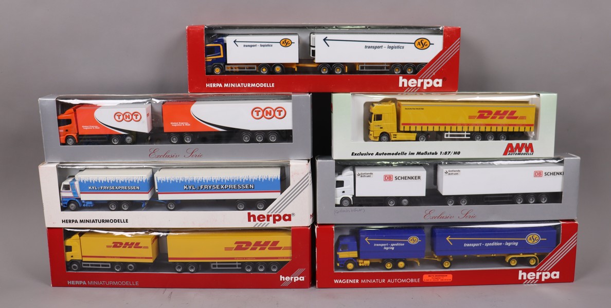 Herpa, modellbilar, lastbilar, ASG, Schenker, DHL, TNT mm, 1:87, 7st