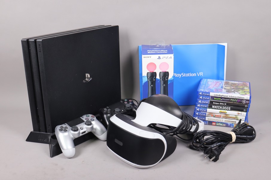 Sony Playstation 4 med VR headset, spel och kontroller