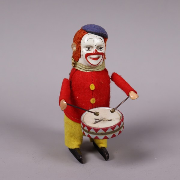 Schuco, Germany, clown som spelar trumma, 1950-tal