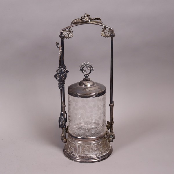 Meriden Britannia Company, Connecticut, USA, "pickle caster" i nysilver och glas, sent 1800-tal