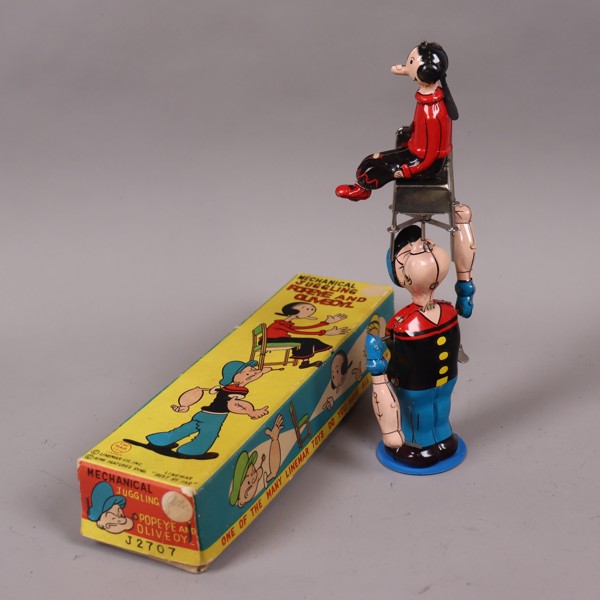 Linemar, Japan, "Mechanical juggling Popeye and Oliveoyl" Model J2707, plåtleksak, 1950-tal_50950a_8dc65b2d38532b6_lg.jpeg
