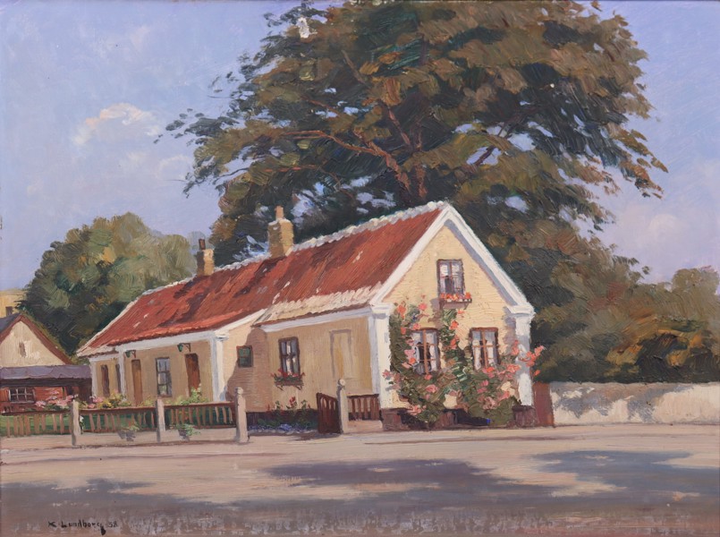 Karl Lundborg, olja på duk, "En solskensdag i Gislöv 1938"