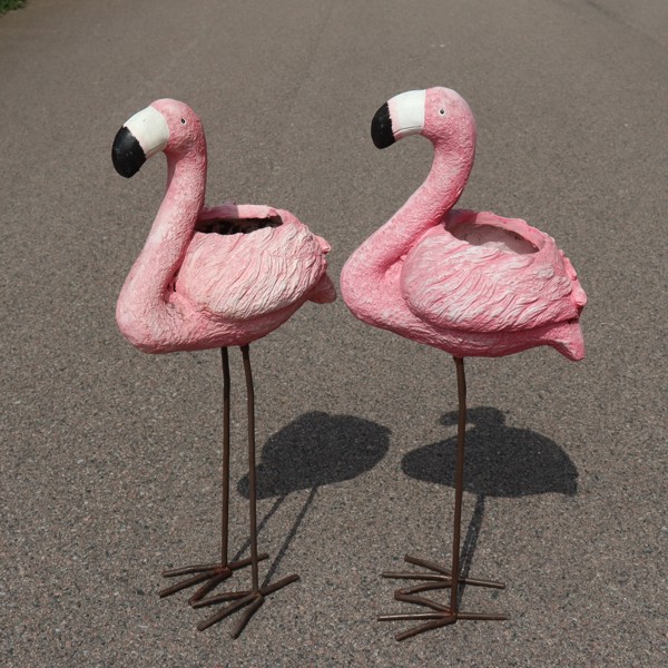 Trädgårdsdekoration/krukor, rosa flamingos i komposit och smide, 2st