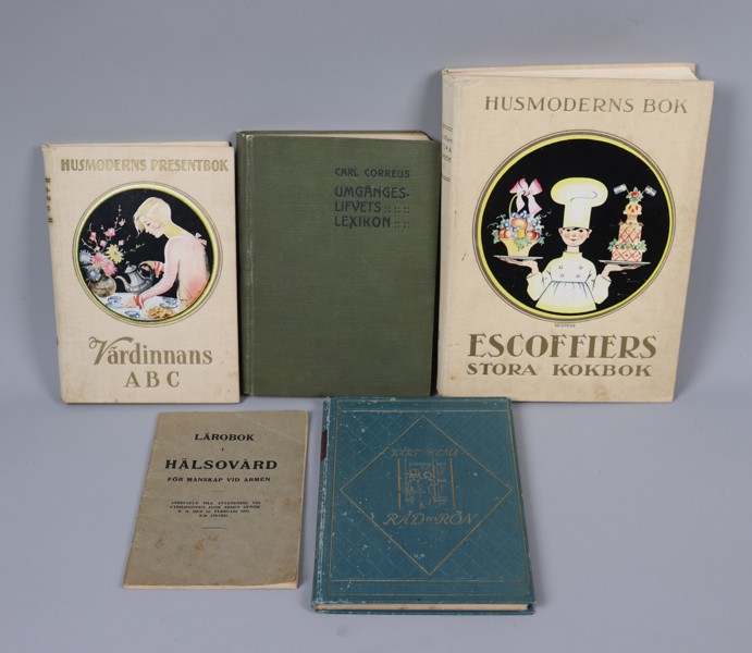 Escoffiers stora kokbok 1927 och diverse uppförande/livsstil böcker, 5st