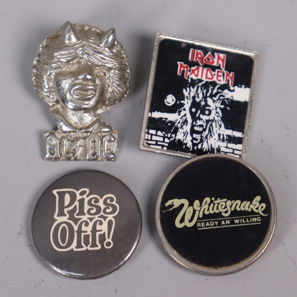 Pins 1970/80-tal, AC/DC, Whitesnake, Iron Maiden mm, 4st