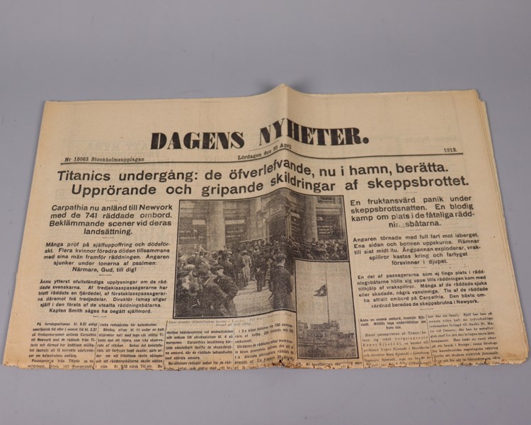 Nyheter om Titanics undergång, Dagens Nyheter 20 April 1912 samt Stockholms Dagblad 16 och 18 april 1912, 3st