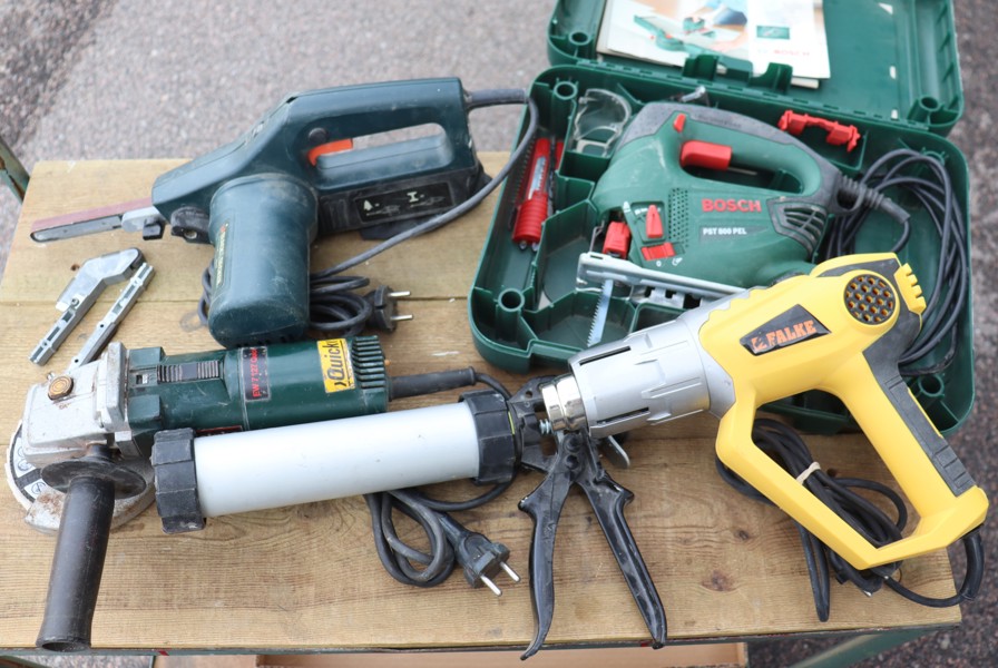 Bosch PST 800 PEL sticksåg, Falke värmepistol, Metabo vinkelslip & Black & Decker bandslip