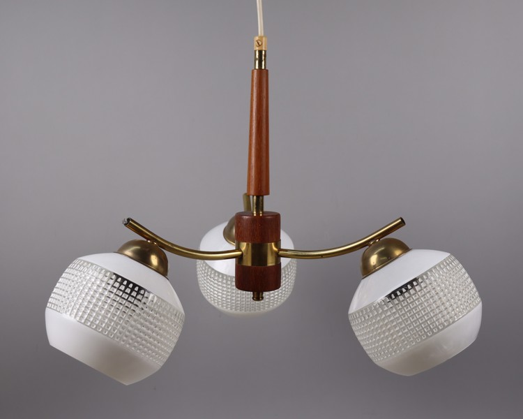 Taklampa, teak och glas, 3 ljuskällor, 1950-tal