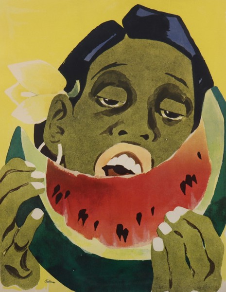 Adolf Reinhold Hallman, grafiskt blad,  "Flicka med vattenmelon", motiv från New York ur serien "Världsstad"