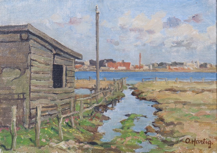 Osvald Hartig (1885-1952), olja på pannå, "Fra fargelunden mod Frederickssund"