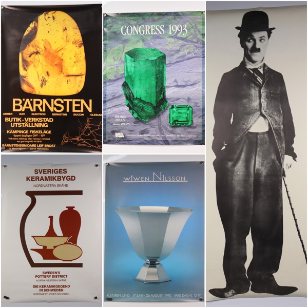 Diverse affischer, Charlie Chaplin, Wiwen Nilsson, Bärnstenmuseét, De Beers samt papperskorg i plåt "Lundakarnevalen 1990"