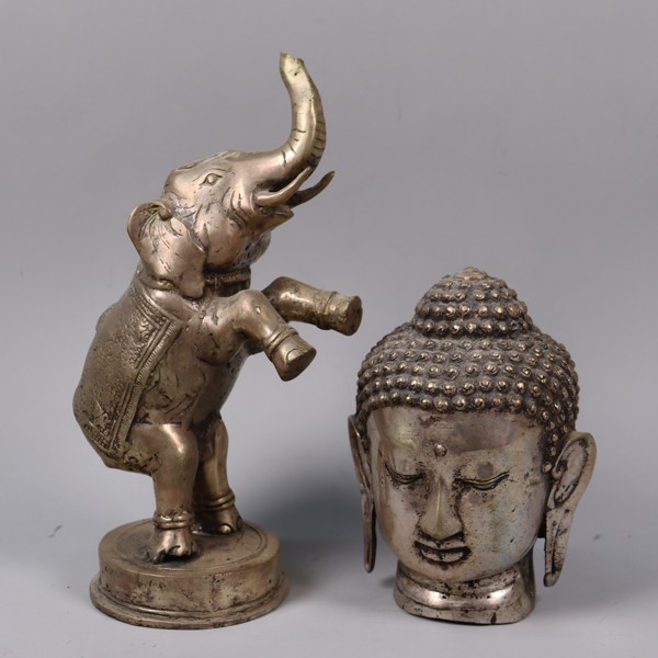 Buddha huvud samt elefant i metall, 2 delar