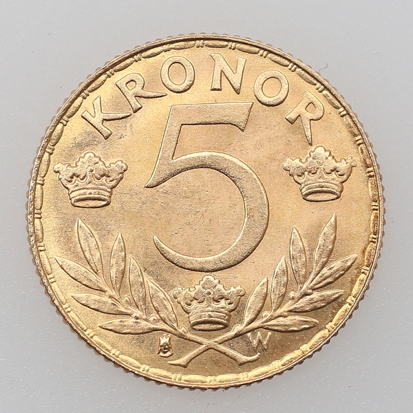 5kr, guld 21,6K, Gustav V, Sverige, 1920