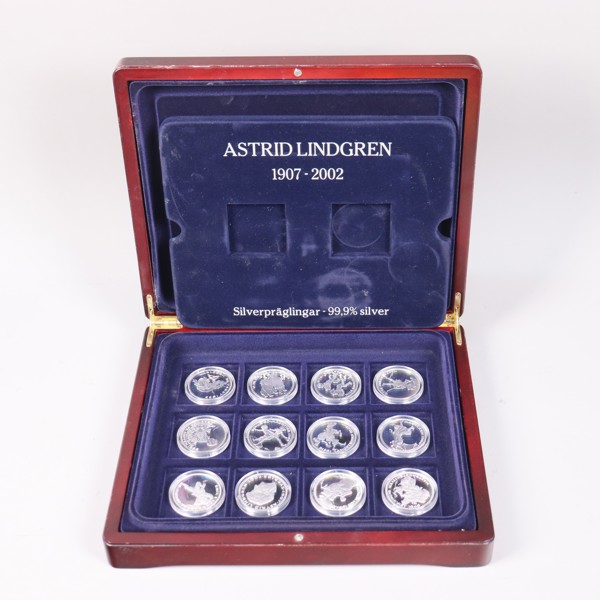 Astrid Lindgren, silverpräglingar/mynt, 99,9% silver, 12st